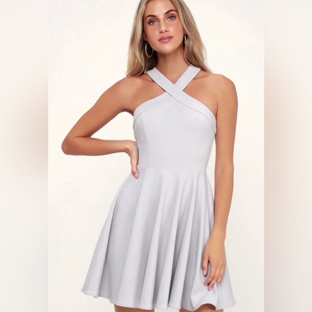 Lulus Skater Dress Halter Neck Women’s Sz M Grey Mini Fit & Flair Party NWT